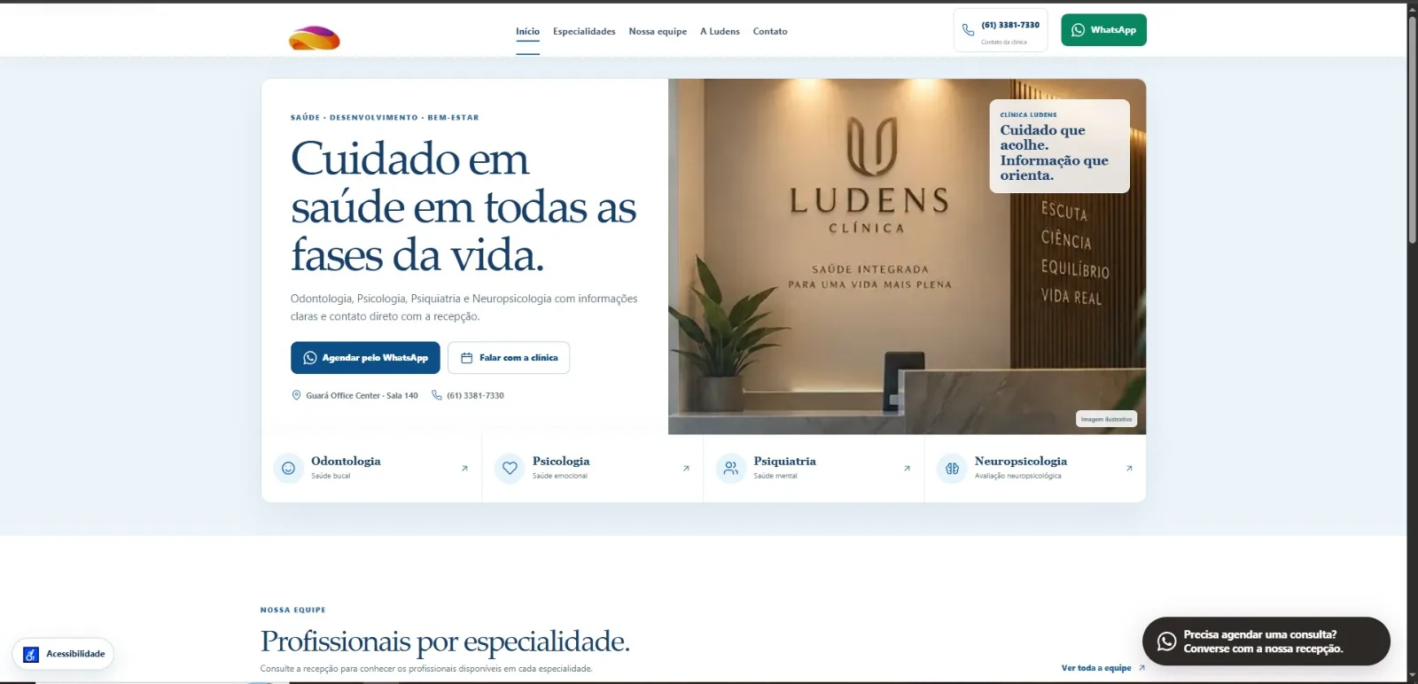 Site real da Clínica Ludens — página inicial com especialidades e agendamento