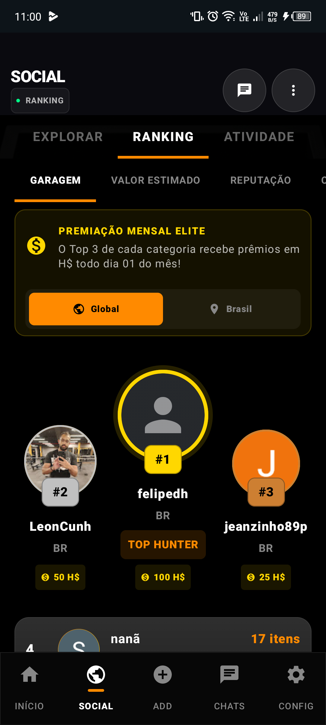 Tela real do ranking social no aplicativo HotDeck