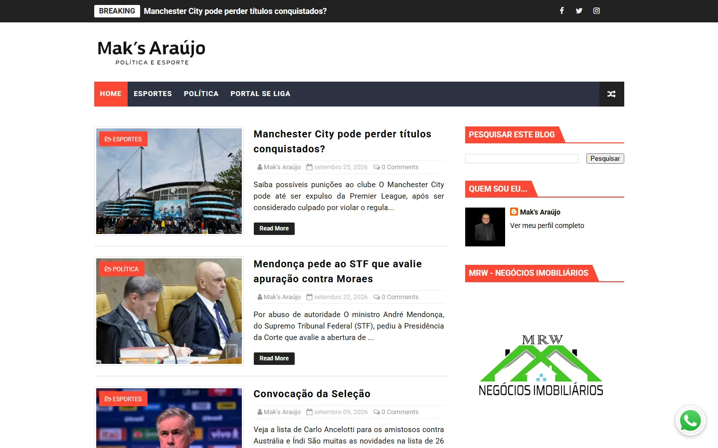 Site real do Mak's Araújo — notícias de política e esporte